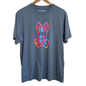 Psycho Bunny Montgomery Graphic Tee 6 Mens L Gray Blue Short Sleeve Tie Dye